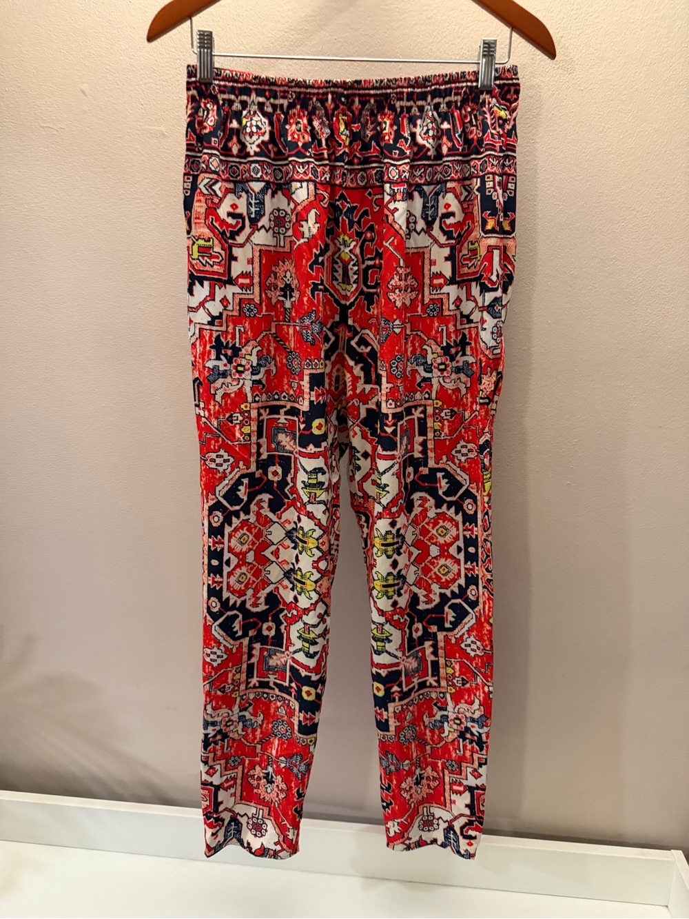 Youngla Persian Rug Print Joggers Red Navy Blue Geometric Tapestry Pants Medium
